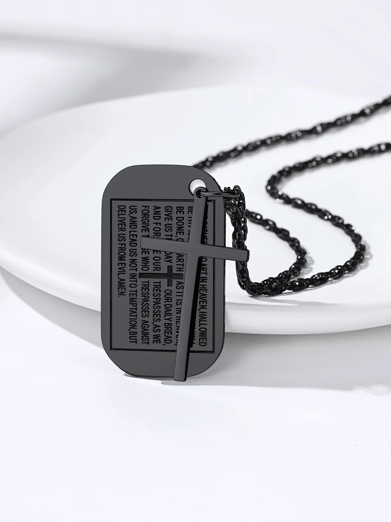 Cross Necklace Bible Verse Black Pendant for Men Stainless Steel Dog Tag Religious Jewelry Inspirational Gift for Husband Father Son