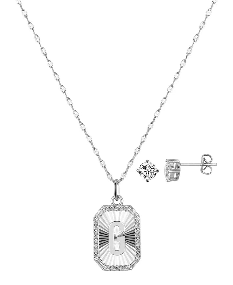 Cubic Zirconia Initial Pendant Necklace and Stud Earring Set