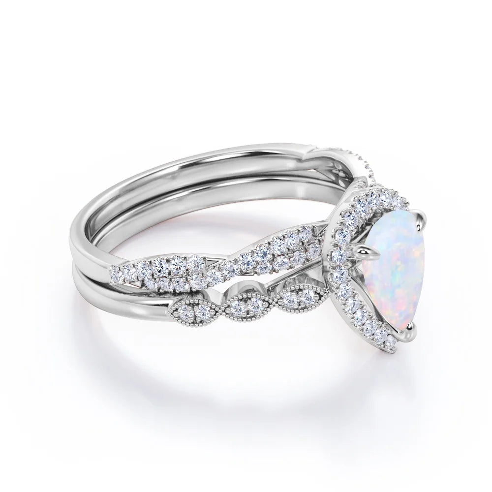 1.5 Carat Pear Cut Lab Created October Birthstone Opal and Moissanite Vintage Engagement Ring - Halo Pave Bridal Set in 18K White Gold over Silver